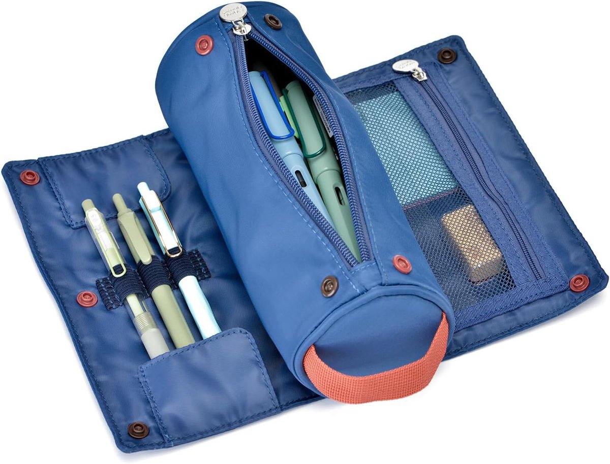 SnelShoppen - Grote Capaciteit Potloodetui Rol Ontwerp Multifunctionele Pennen Houder Tas, Donkerblauw, Twee in één, Voor School en Kantoor