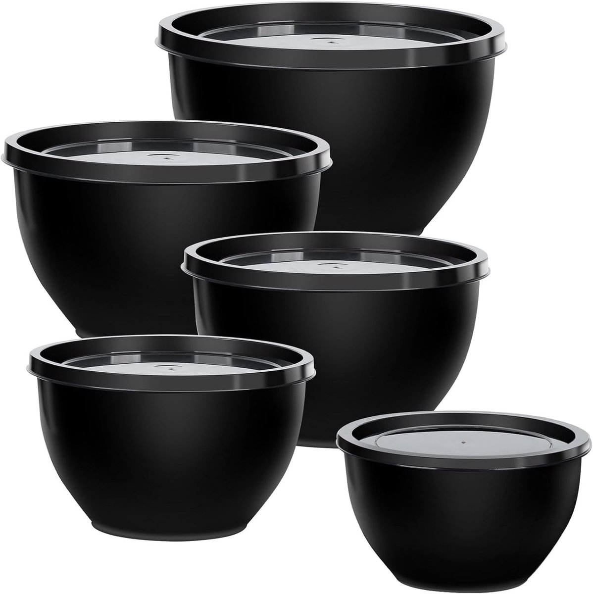 SnelShoppen - Plastic Mengkom Set met Deksel, Nestbare Keukenkommen voor Bereiden, Serveren, Koken en Bakken - Set van 5 (Zwart) - Vaatwasser en Magne