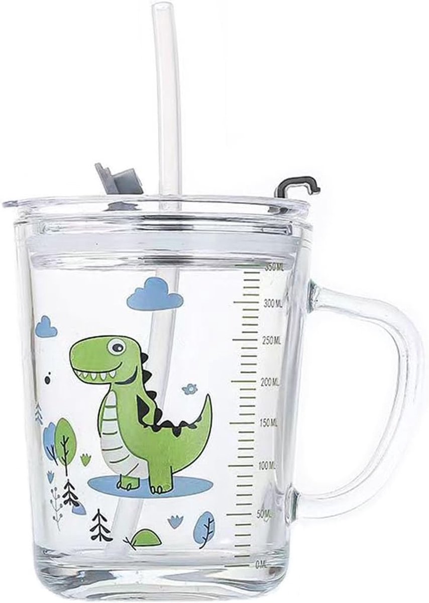 SnelShoppen - 400 ml Drinkbeker Met Rietje en Deksel - Ontbijtbeker, Melkbeker, Meerkleurig (Groene Dinosaurus) - Perfect Voor Kinderen, Feestjes, Cam