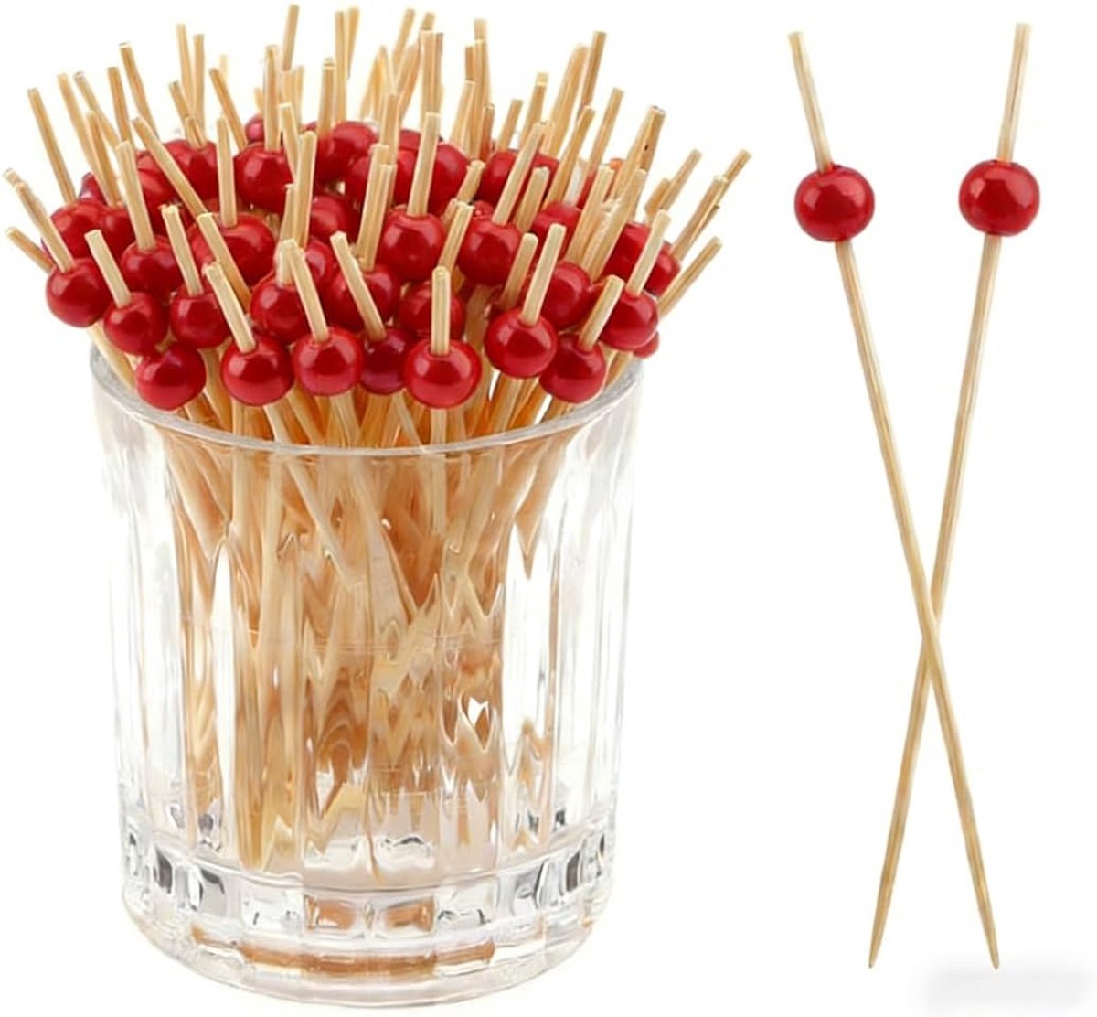 Cocktailtandenstokers 12 cm - Houten stokjes met rode kralen - Decoratief voor aperitief - Geschikt voor feesten - ShopVlot