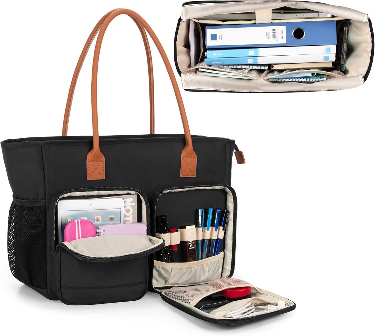 Dames Tote Bag voor Werk, Gevoerde Laptop Tas voor Onderwijs, Ideaal voor Zaken, Universiteiten en Verpleegkundigen, Zwart, 41.5 x 19 x 33 cm