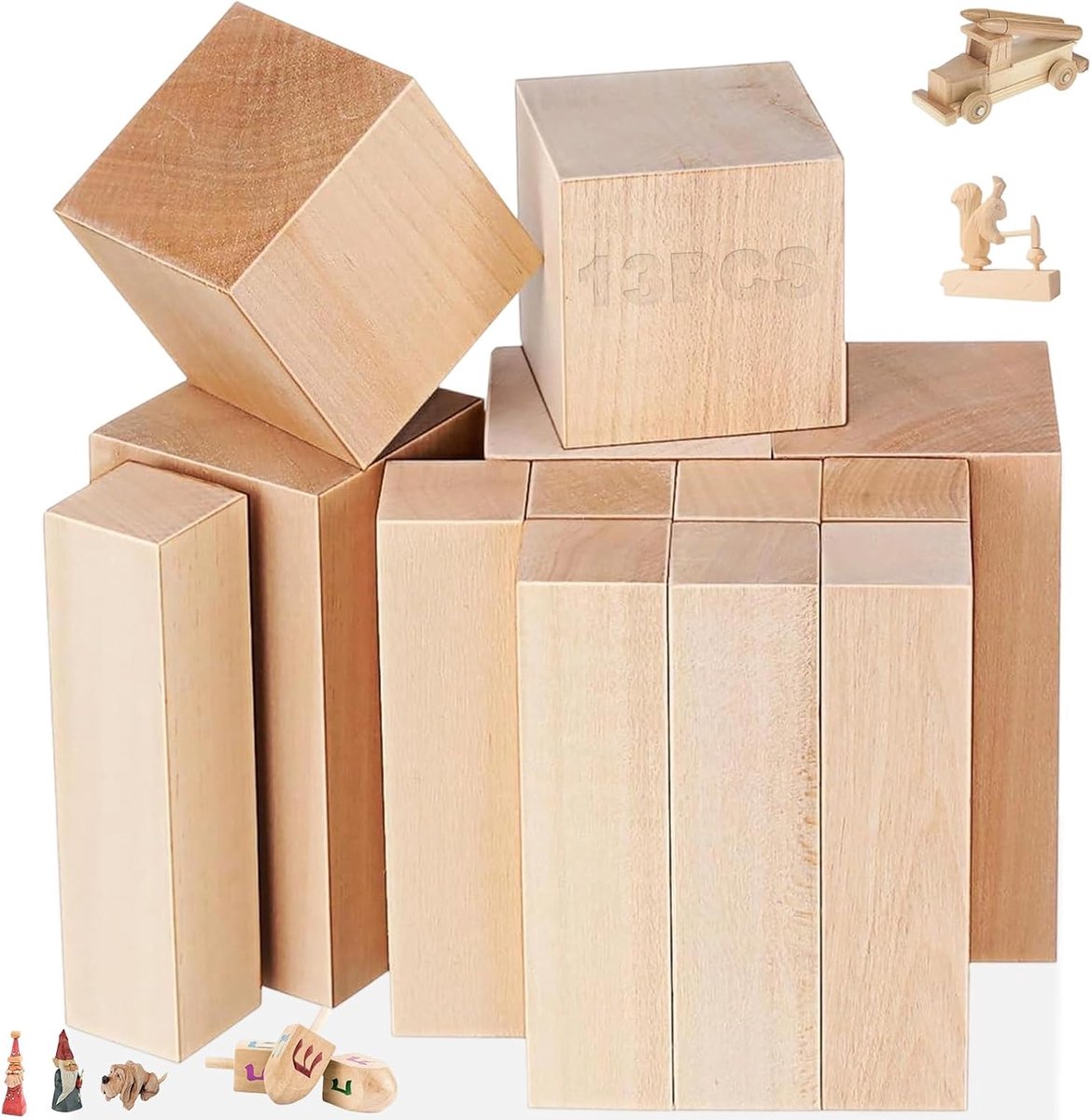 Houtsnijset 13 stuks - Natuurlijke lindeblokken - Drie maten - Ideaal voor knutselen en creatief snijden - ShopVlot