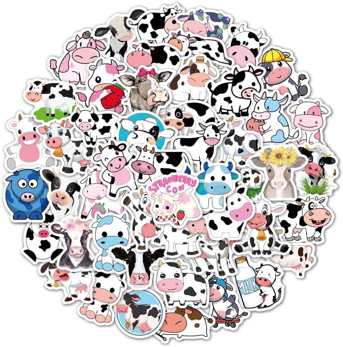 Sticker set 50 stuks - schattige koeien - waterproof PVC - ideaal voor waterflessen en laptops - ShopVlot