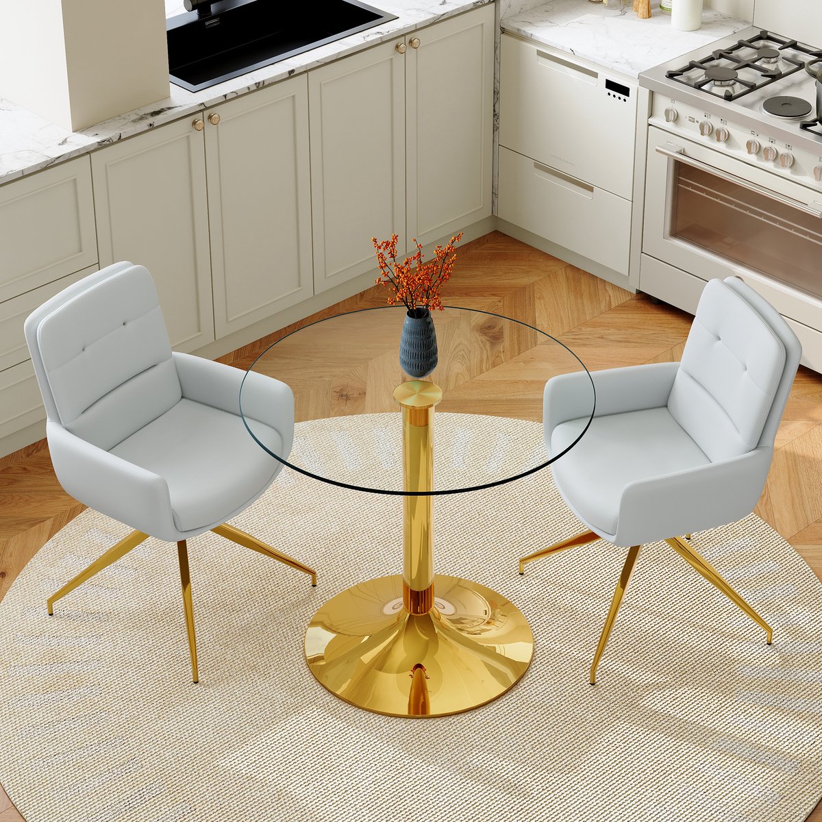 COVREO Set tafel en stoelen 85 cm glas, goud en lichtgrijs, 2 draaistoelen