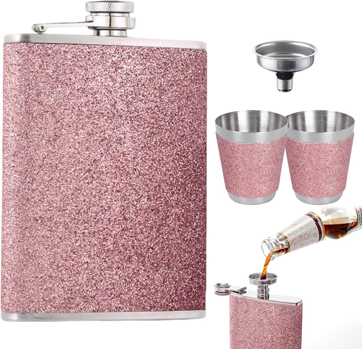 Heupfles 240 ml - RVS met trechter en 2 wijnglazen - Glitter design - Perfect voor buitenactiviteiten - ShopVlot