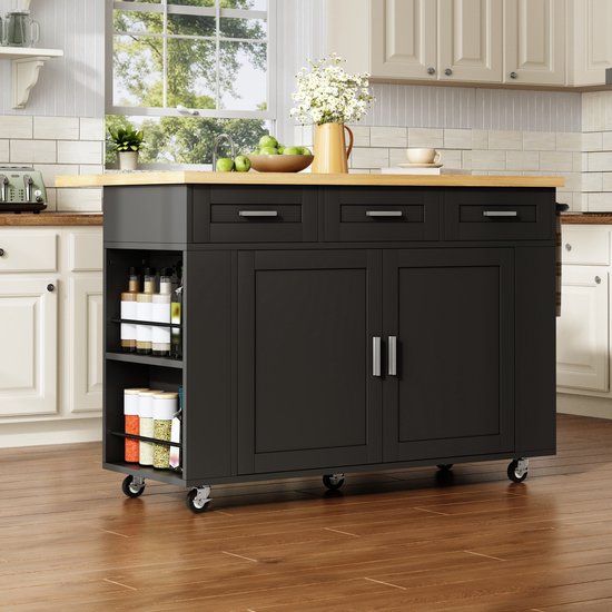 OKWISH Keukeneiland - Opklapbaar Werkblad en Stopcontacten - Verrijdbaar met 3 Laden en 2 Organizers - MDF Zwart Natuur - 120 x 45 tot 70 x 84 cm van okwish — afbeelding 5