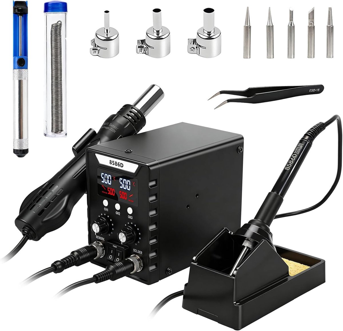 2-in-1 soldeerstation set - digitaal display - hot air gun 700 W + soldeerbout 60 W - ideaal voor elektronica reparatie - ShopVlot