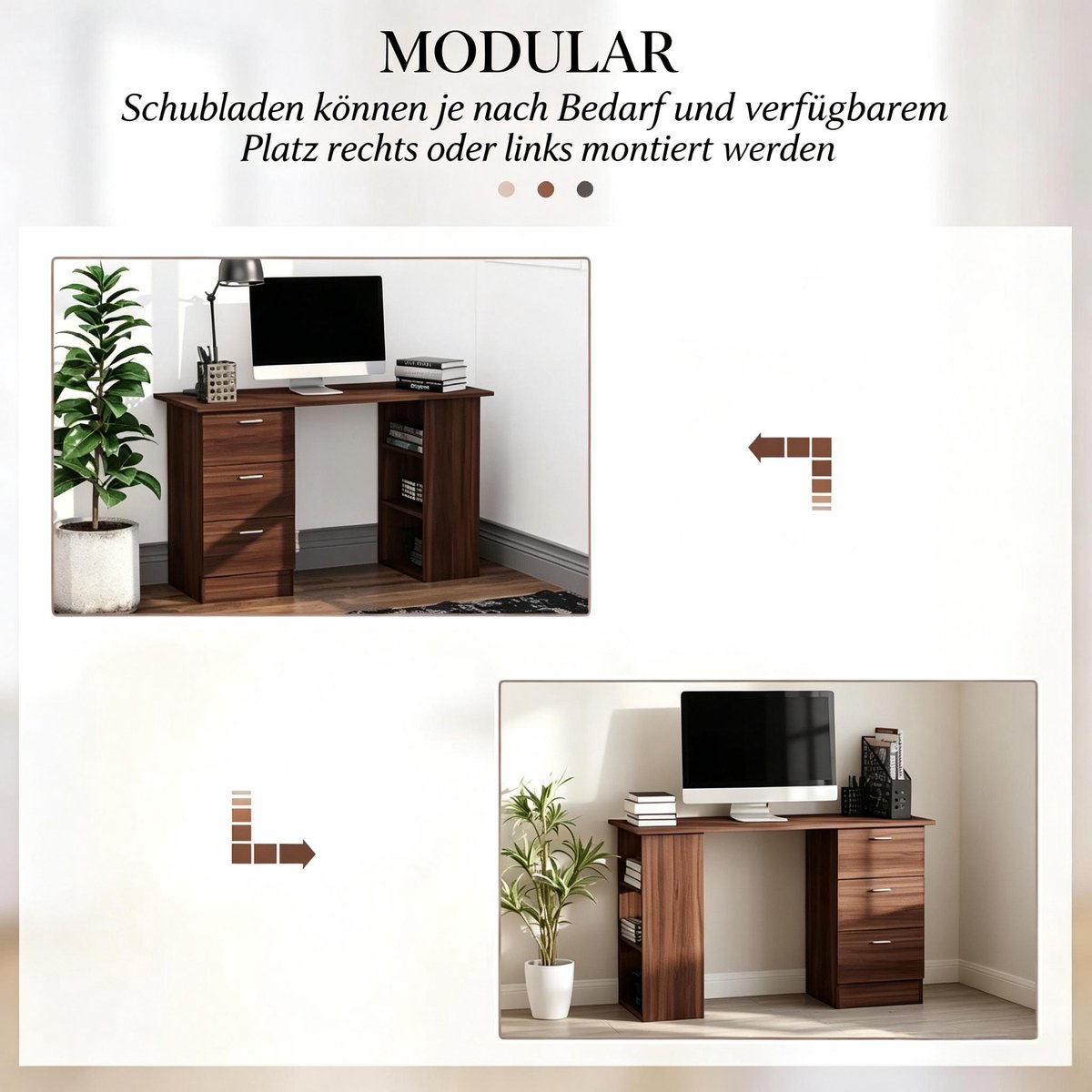 DESMIU Bureau - Computerbureau Met 3 Lades En Open Vakken - Flexibele Indeling Voor Slaapkamer En Werkkamer - MDF - 120x49x72 Cm - Walnoot