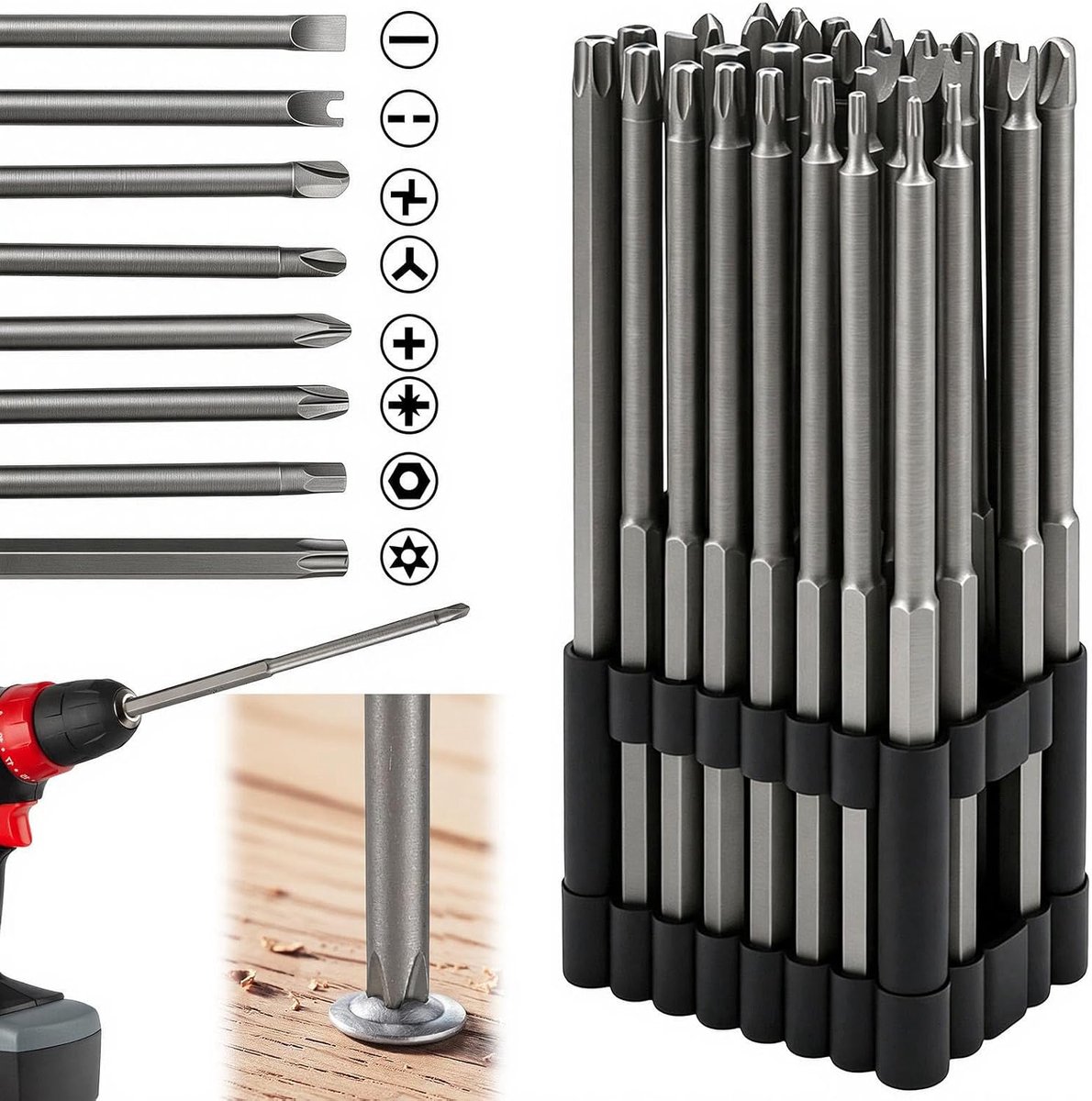 Schroevendraaierbitset 32-delig - Extra lange 150 mm - Magnetisch S2-staal - Inclusief organizerhouder - ShopVlot