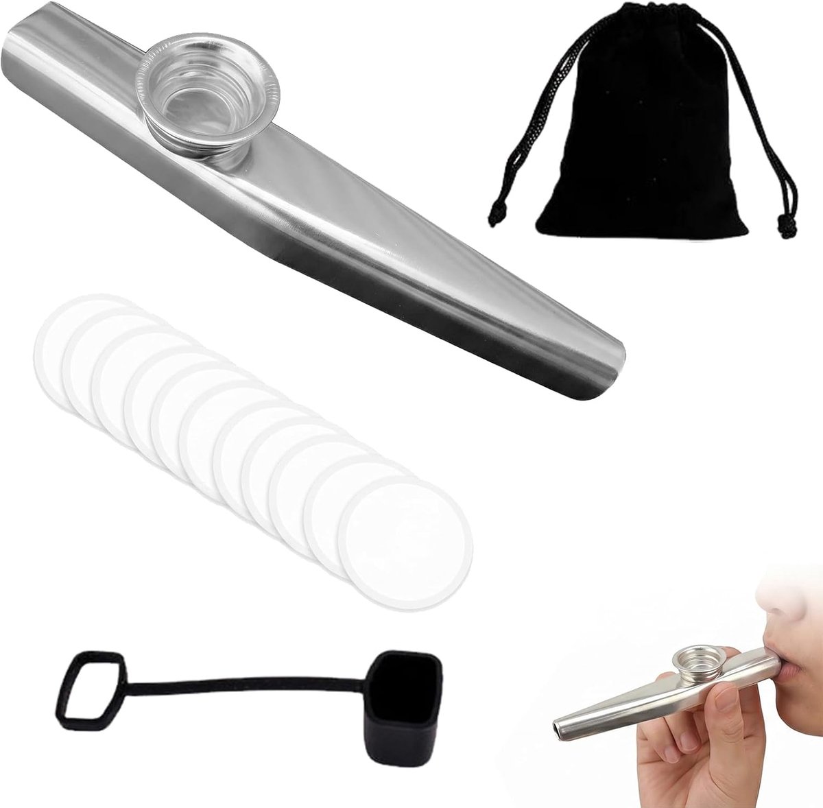 Kazoo - metaal zilverkleurig - 10 reservemembranen - stofbescherming - ideaal voor kinderen en volwassenen - ShopVlot