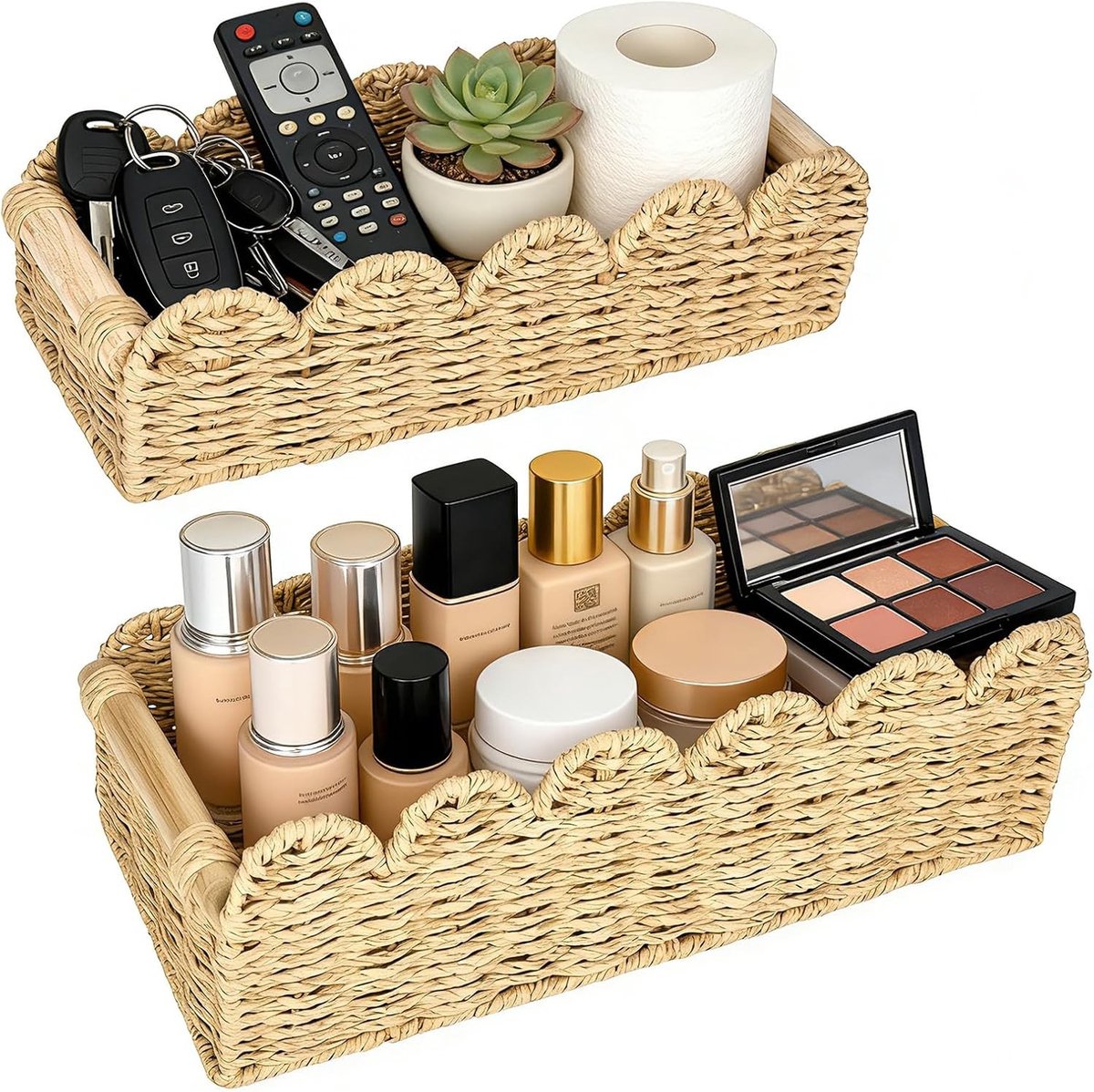 Set van 2 Gevlochten Opbergmanden met Houten Handvatten voor Badkamer en Keuken, Decoratieve Rieten Mand voor Organisatie en Kinderkamer