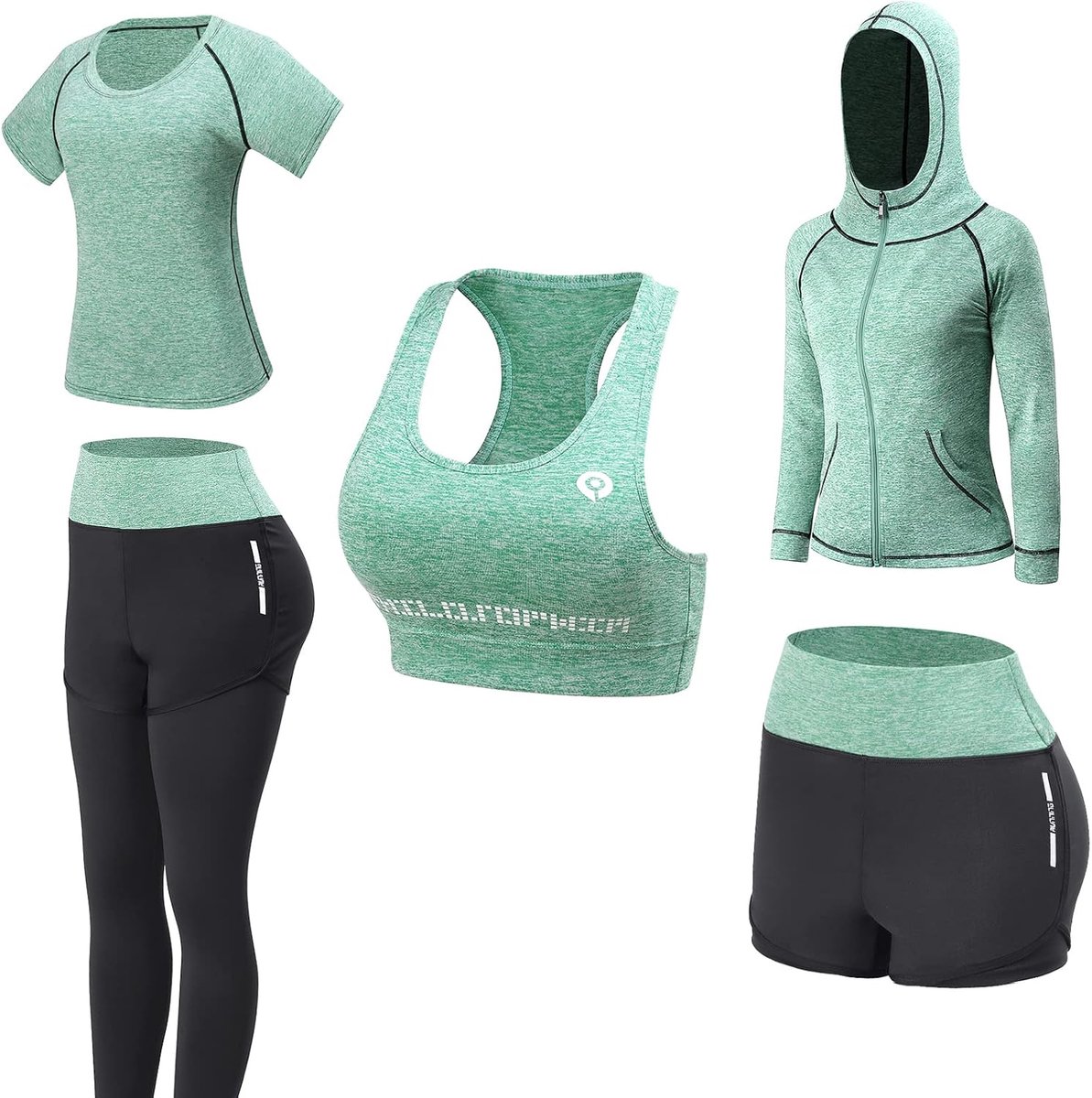 JULY'S SONG 5 Piece Yoga Set for Running, Gym, Fitness, Green, S, green, S - ShopVlot