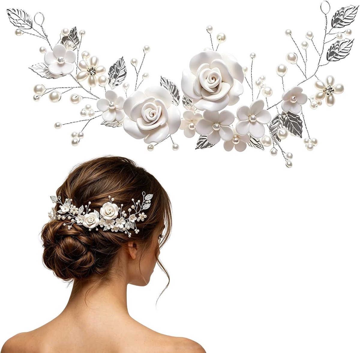 Haarsieraad voor bruiloft, bloemenbruid, haarsieraad met parels, bloemen en bladeren in zilverlook, haarkam voor - ShopVlot