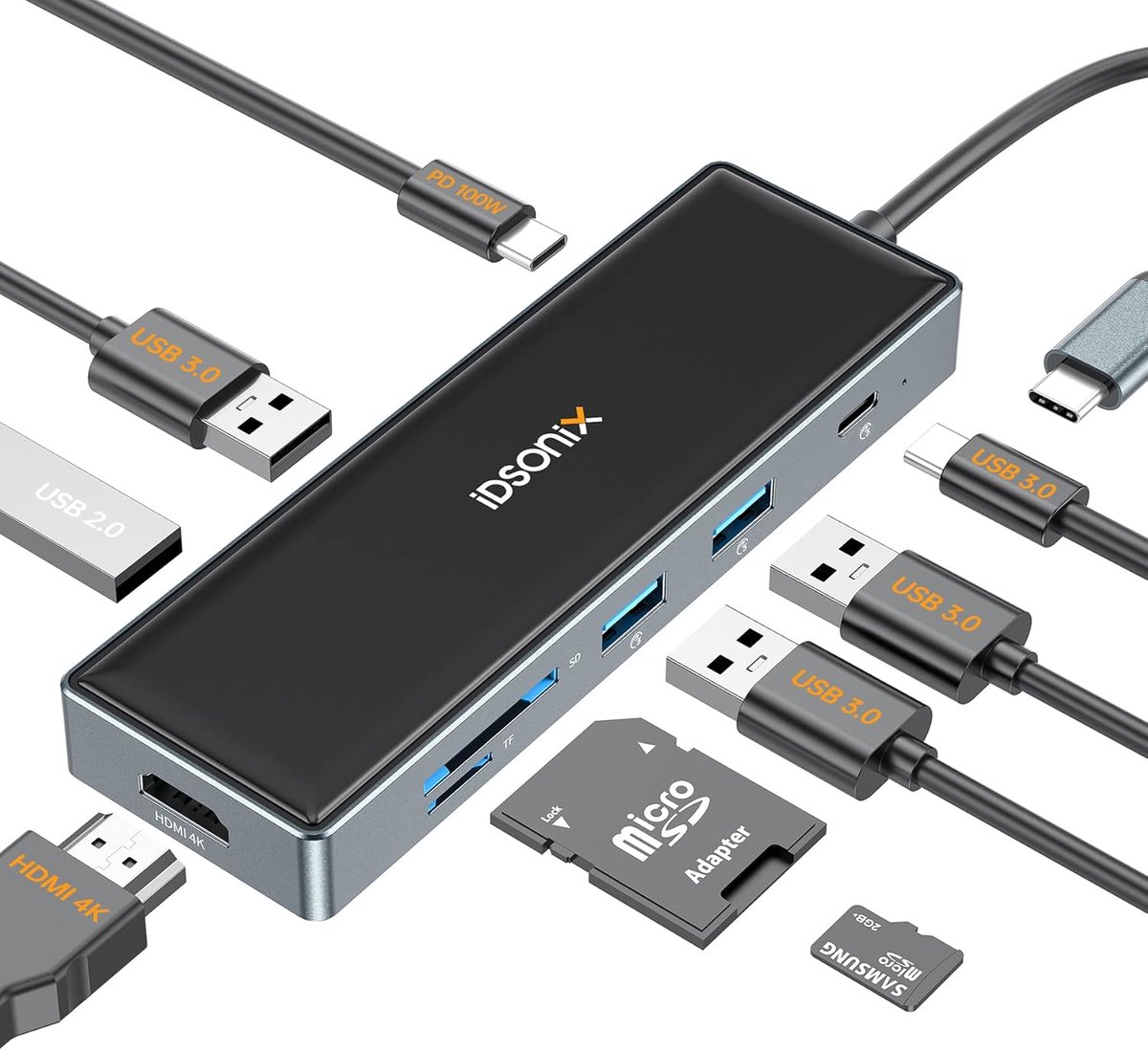 iDsonix 9-in-1 USB 3.0 Hub with 4K HDMI, PD 100W, USB-C and 3 USB-A 3.0 5Gbps Data Port, TF/SD Card Reader, Hub for - ShopVlot