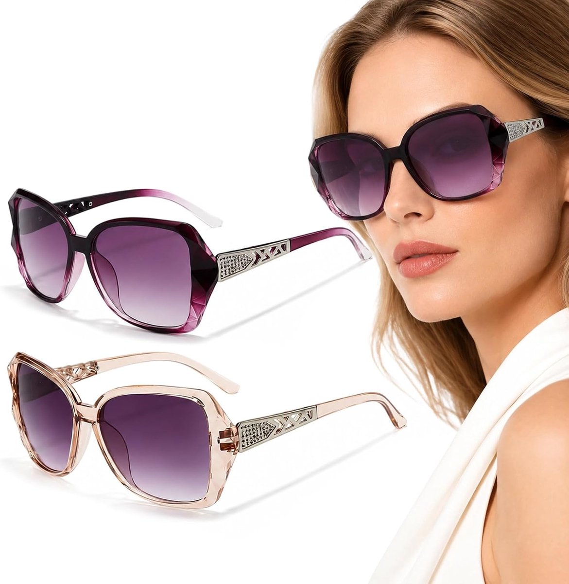 3 stuks grote zonnebrillen voor dames, vintage oversized, licht vierkant frame, flexibele scharnieren, geschikt voor - ShopVlot