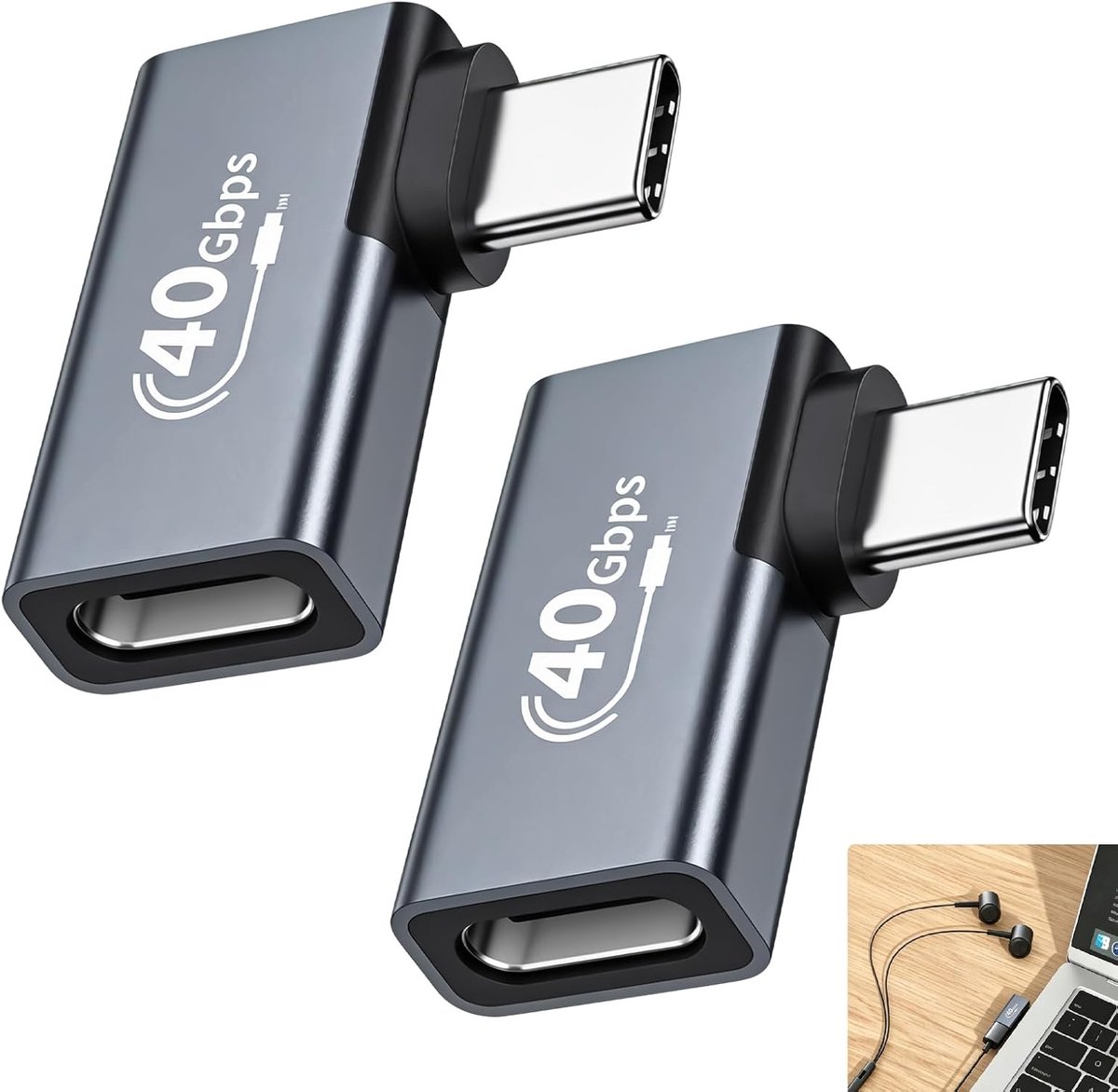 2 stuks USB C adapter rechte hoek, USB C-adapter 90 graden, stekker op bus, 40 Gbps, USB-C-verlenging, rechte hoek - ShopVlot