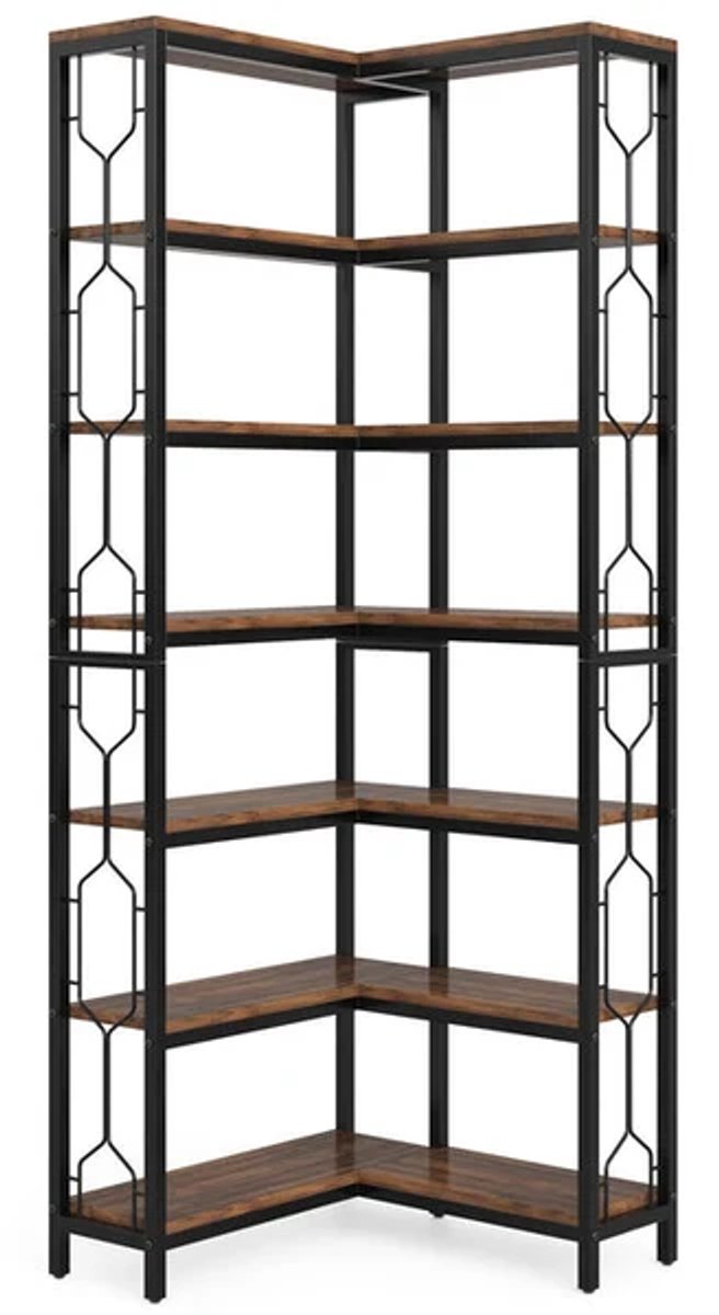 DMG Supply Hoekboekenkast - 7 Lagen - 60 x 60 x 200 cm - Industrieel - Bruin en Zwart - Spaanplaat en Metaal