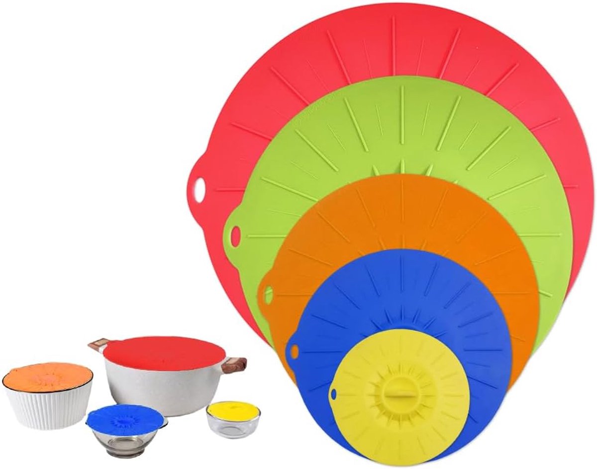 5pcs Silicone Lids, Silicone Suction Cup Lids, 5 Reusable Silicone Lids, Vacuum Lids for Kitchen, for Bowls, Jars - ShopVlot
