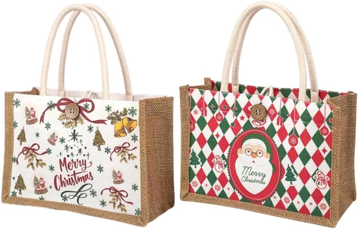 2 stuks cadeautasjes Kerstmis jute tassen waterdicht kindercadeauzakjes herbruikbare kersttassen met handgrepen kleine - ShopVlot