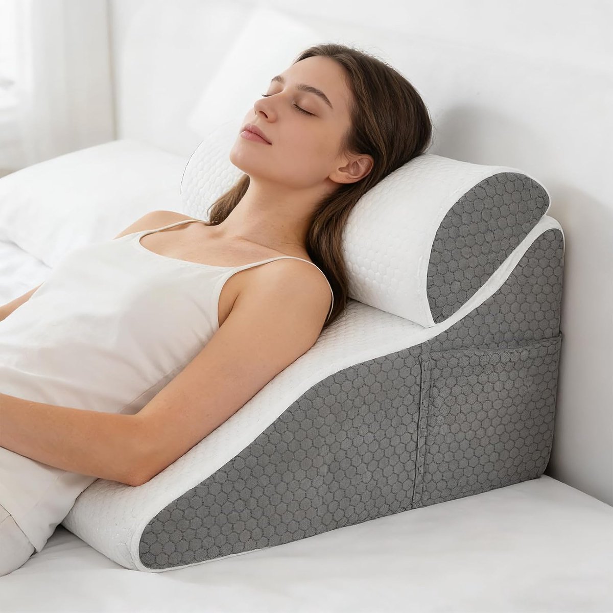 Ergonomic Wedge Pillow Bed Memory Foam 50 x 50 x 30 cm - Ergonomic Reading Pad for Bed and Sofa, Washable Cover - ShopVlot