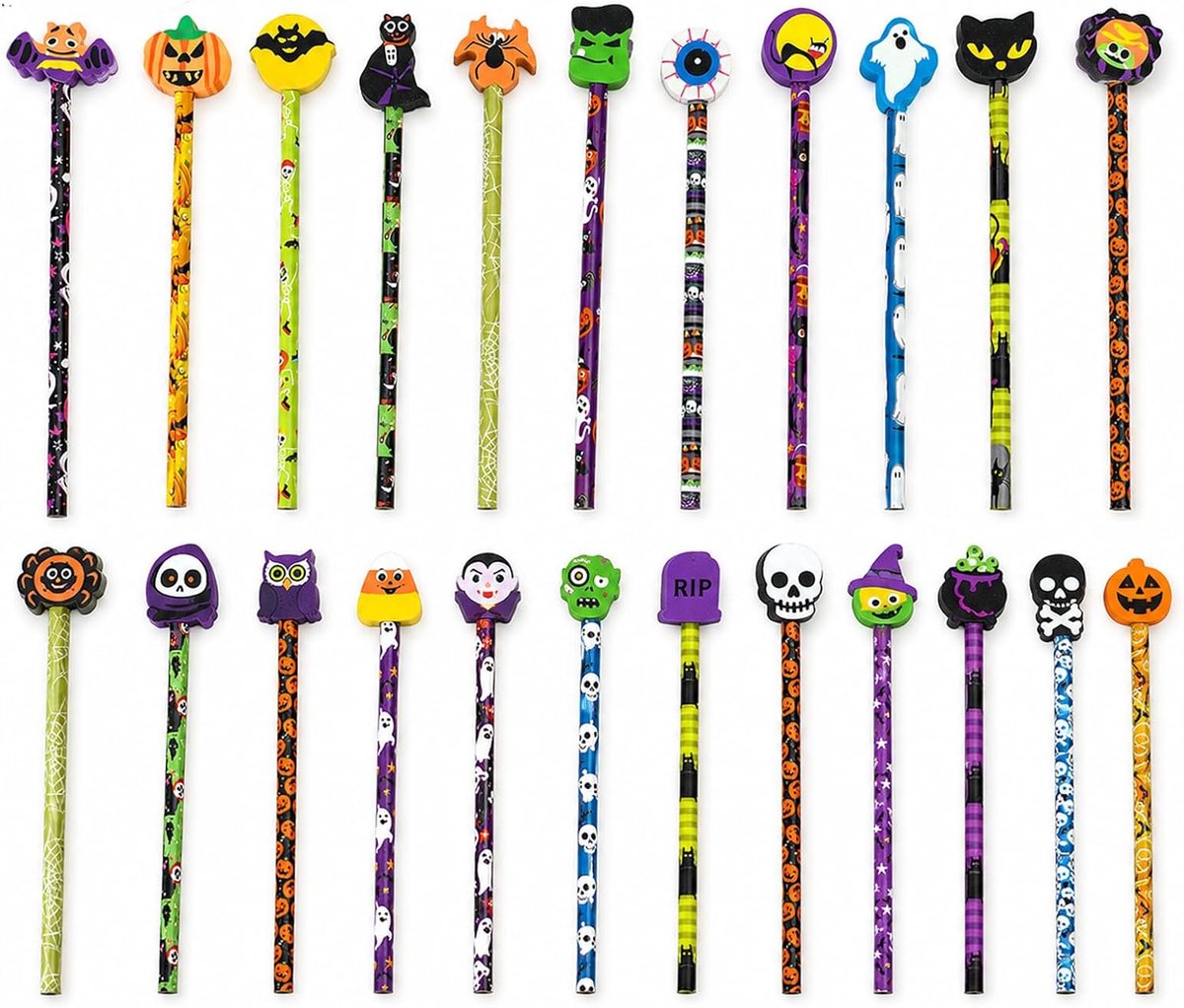 24 Halloween-pennen met gum-opzetstuk, Halloween-cadeautje met 12 verschillende motieven, Halloween-cadeaus voor - ShopVlot