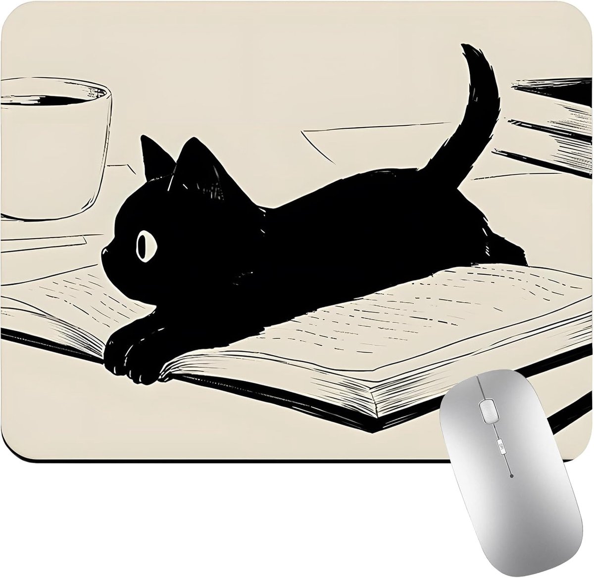 Leuke zwarte kat patroon muismat, met antislip rubberen basis voor draadloze muis, met genaaide randen 26 x 21 cm - ShopVlot