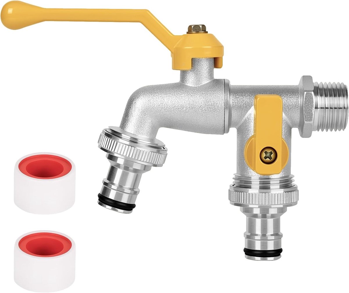 Tuinkraan dubbele waterkraan 1/2 inch - messing wandmontage - vorstbestendig - gelijktijdig aansluiten van twee slangen - ShopVlot