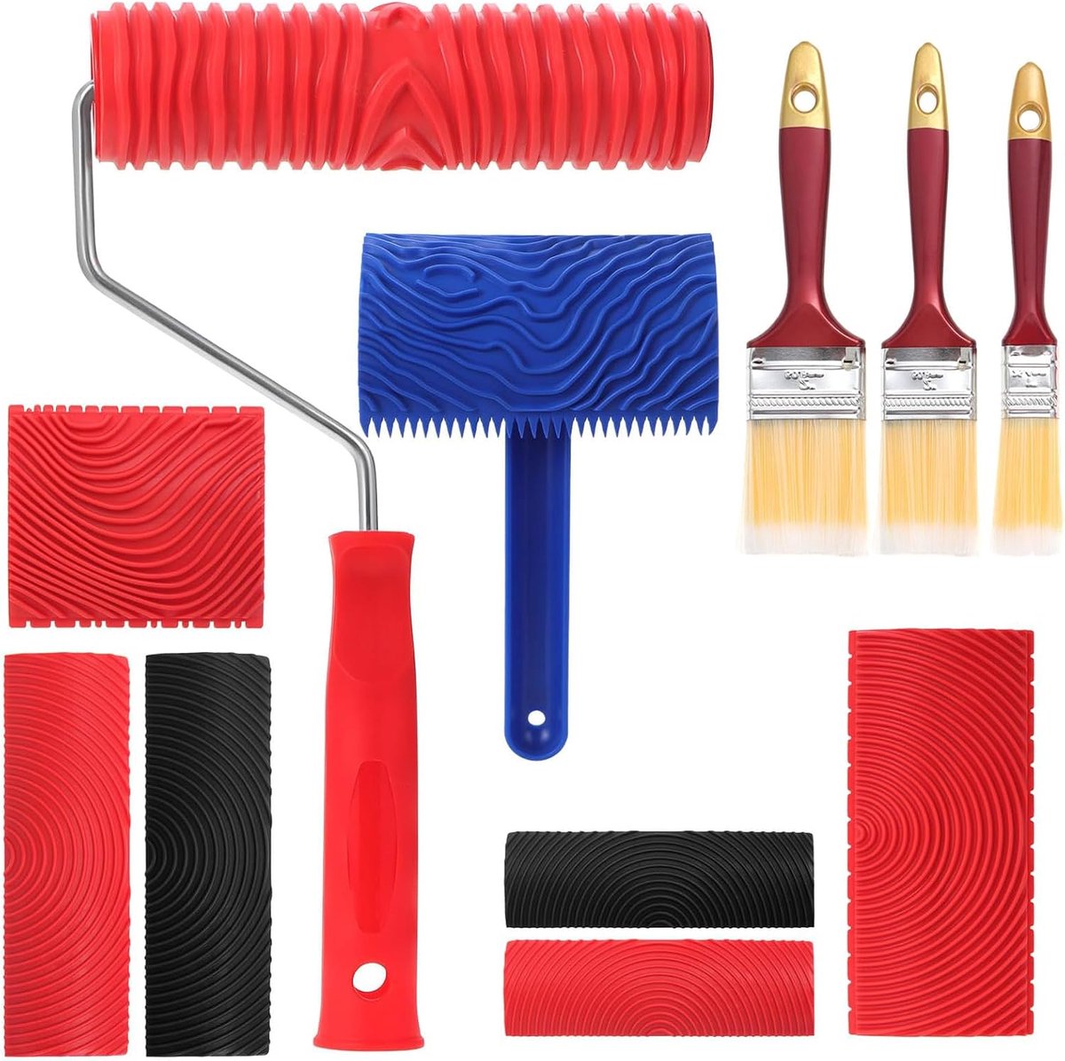 Rubber schildergereedschap 8 stuks - houtlijm en verfborstels - diverse houtnerfpatronen - ShopVlot