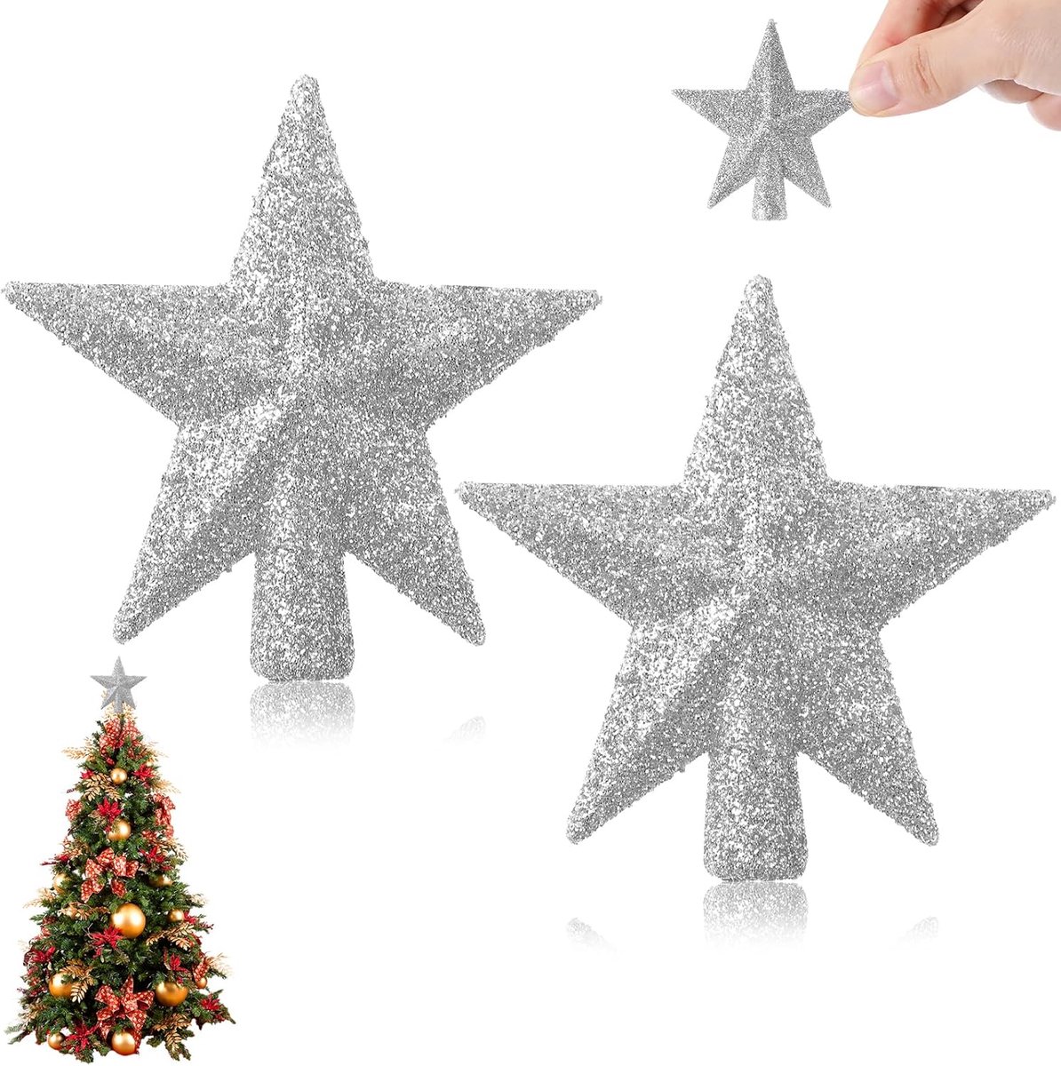 Mini kerstboomtopper 6cm - glinsterende sterren - 2 stuks - decoratie voor kerstboom - ShopVlot