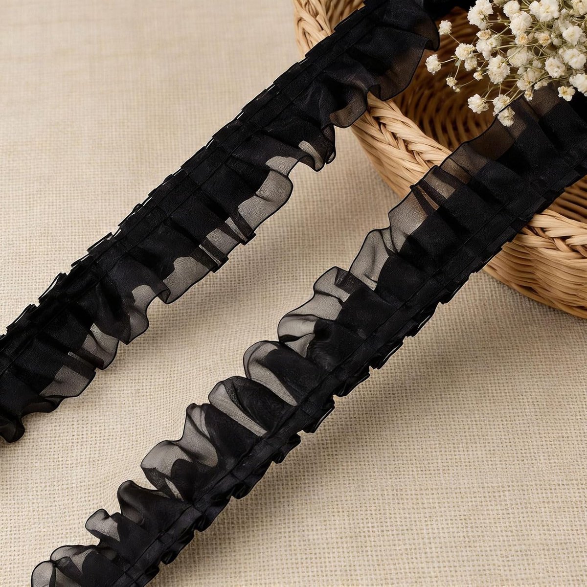 Ruches kant trim zwart 4 cm - dubbellaags satijn - dramatische textuur - perfect voor bruiloften - ShopVlot