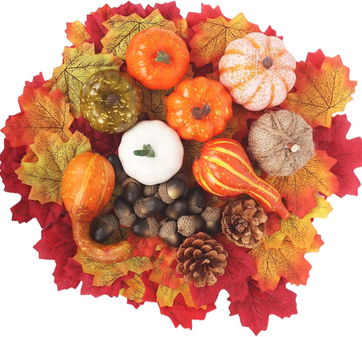 Herfst pompoenen decoraties 123 stuks - Kunststof - Inclusief bladeren en dennenappels - ShopVlot