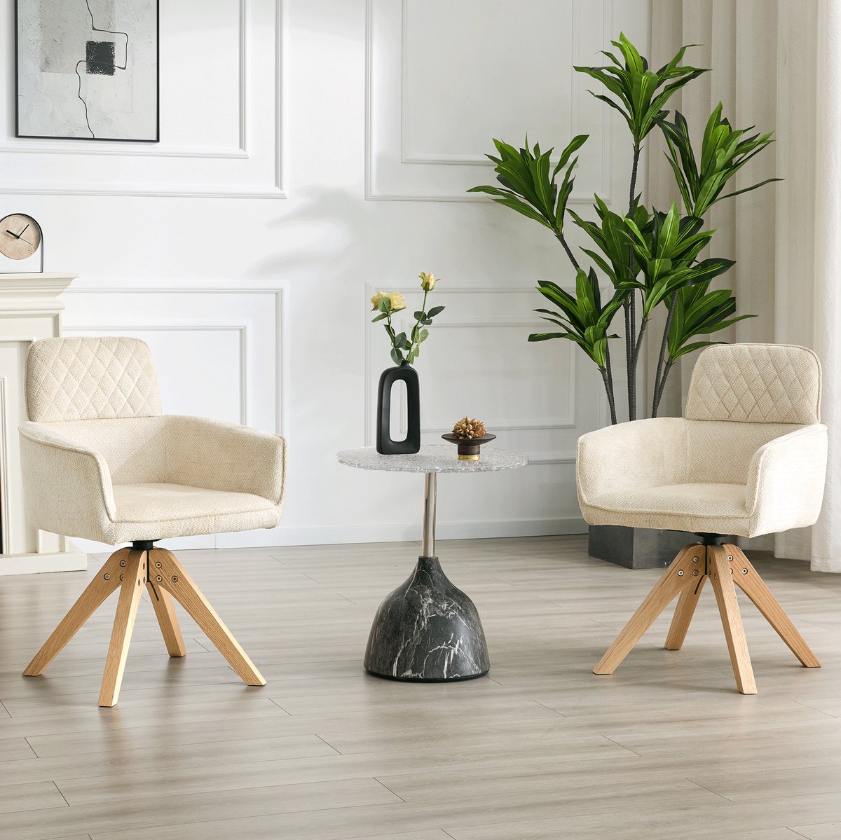 COVREO Eetkamerstoel 85 cm wit hout, 2 stuks draaibaar met armleuningen