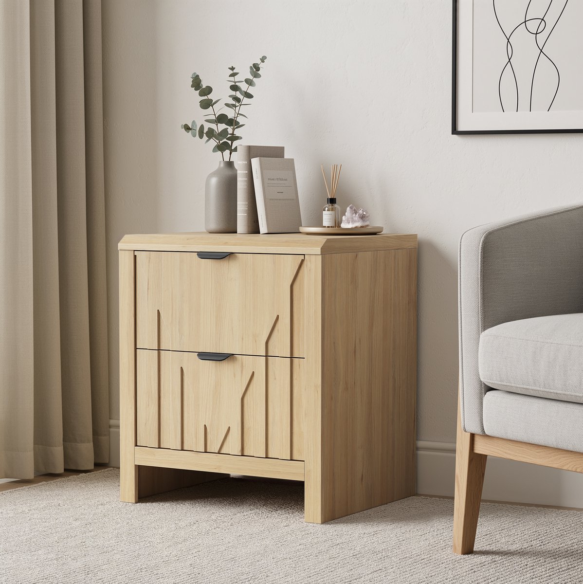 OKWISH Nachtkastje Met 2 Lades - Eiken Look - Mid Eeuws Modern - Met Metalen Greep - Voor Slaapkamer En Woonkamer - 48 X 40 X 55,5 Cm