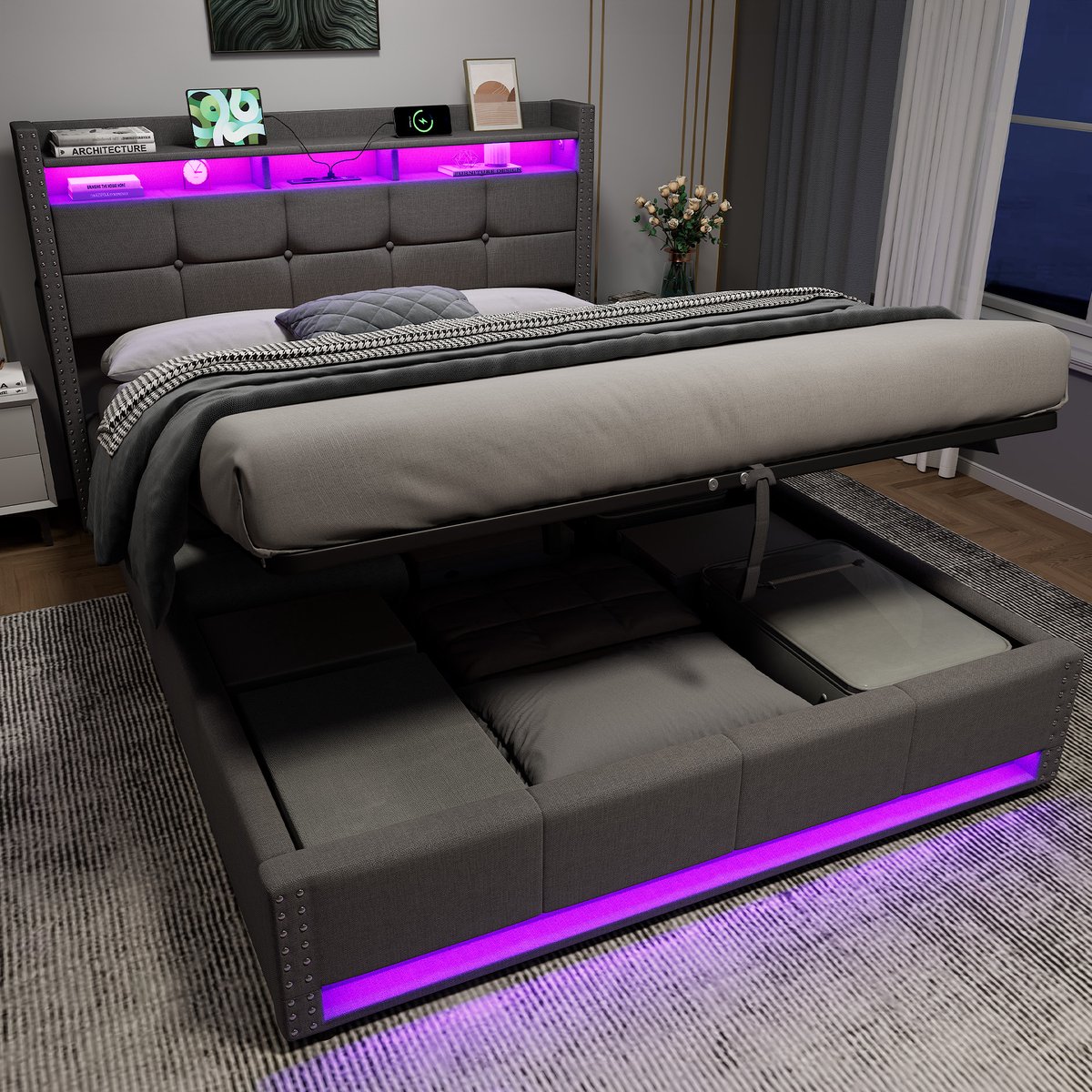 REDOM Tweepersoonsbed 140x200 cm – Hydraulisch Opbergbed met LED Verlichting en USB Oplaadpunten – Modern Slaapkamerbed met Linnen Bekleding – Donkergrijs