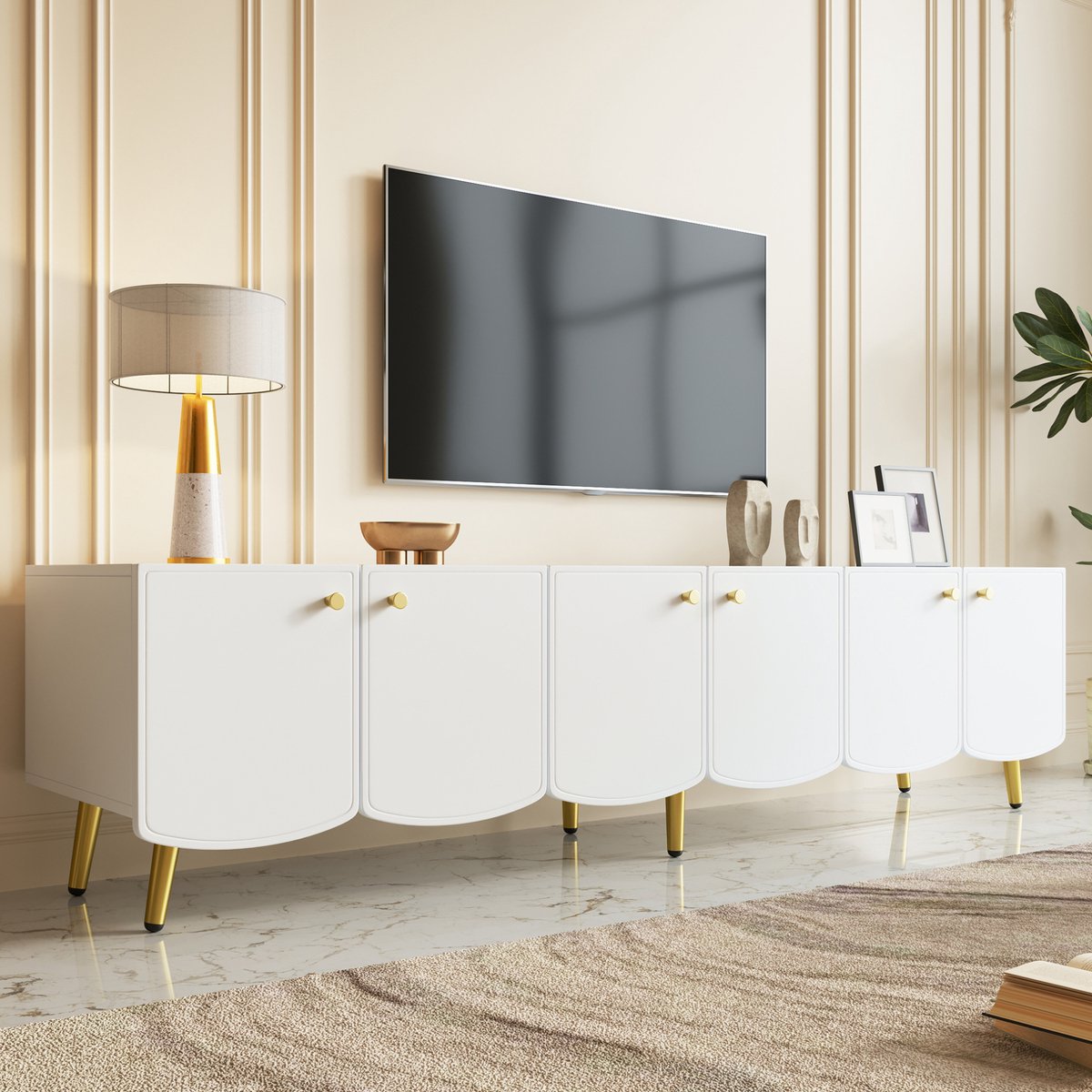 DESMIU Tv Meubel - Modern Design Met 6 Deuren En Gouden Details - Voor Woonkamer En Slaapkamer - Spaanplaat - 180 X 40 X 45 Cm - Wit En Goud