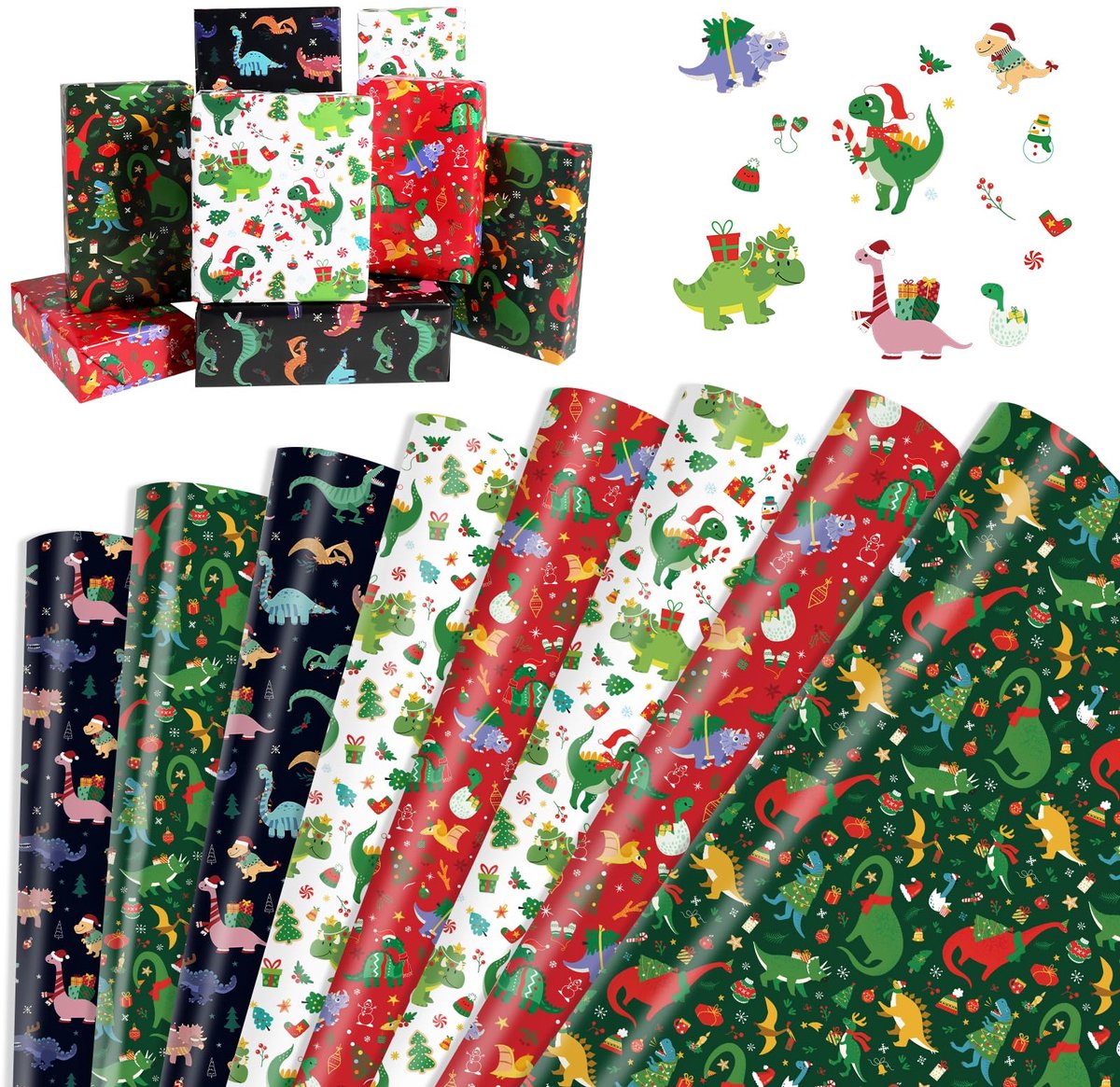 Cadeaupapier Dinosaurus 8 vellen - Rood, zwart, groen en wit - Feestaccessoires - Perfect voor kerst en verjaardagen - ShopVlot