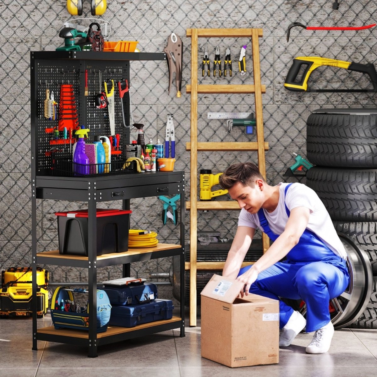 Werkbank Met Lochwand Haken Schublade En 2 Ablagen 80 x 40,5 x 155 cm Staal En MDF Zwart Voor Garage En Werkplaats