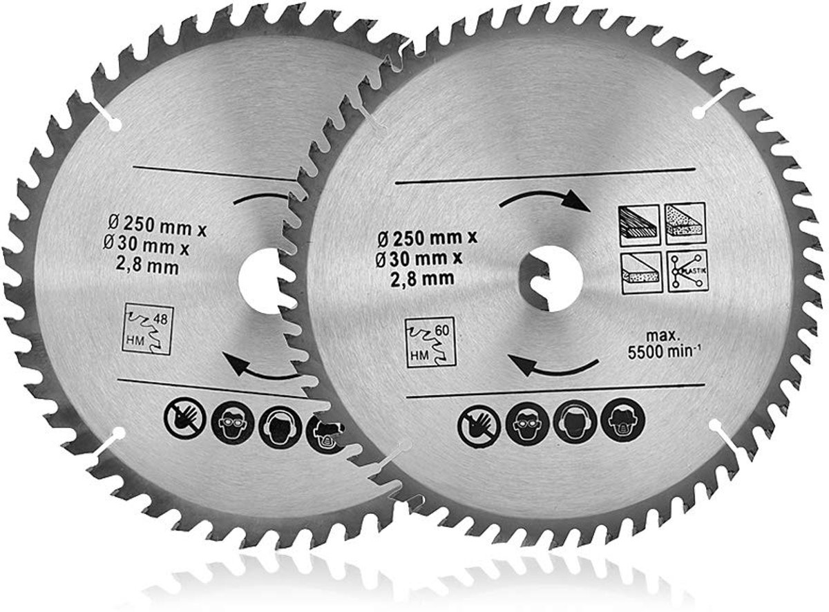 Cirkelzaagblad 250mm x 30mm - Hardmetalen zaagblad - 48T/60T - Voor hout en kunststof - ShopVlot