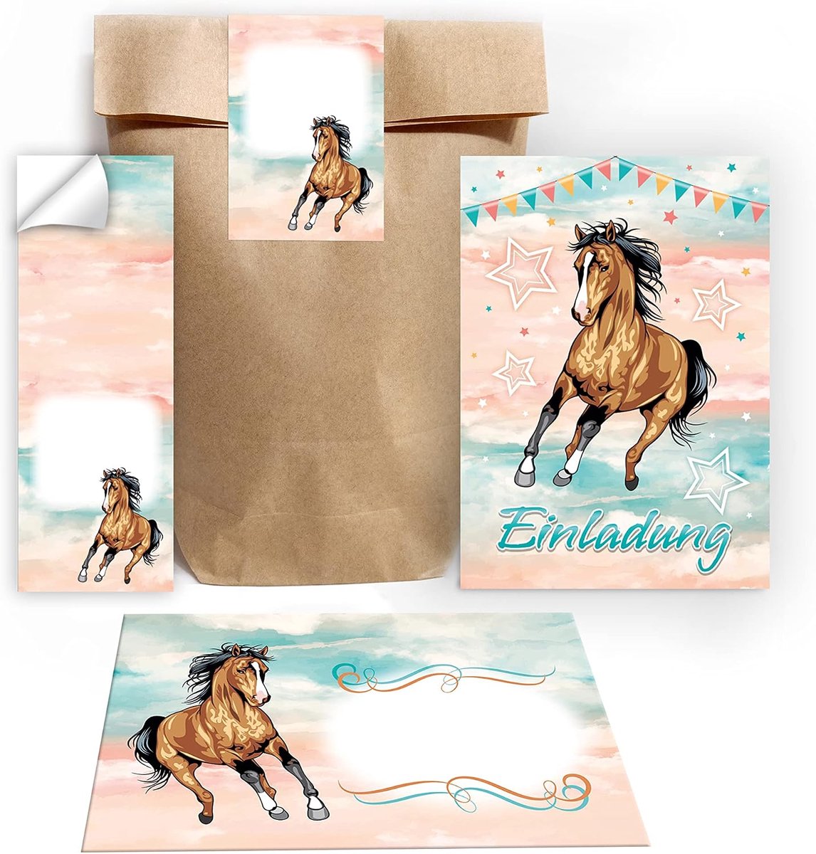 uitnodigingskaarten kinderfeestje - meisjes - paardenthema - met enveloppen en stickers - ShopVlot