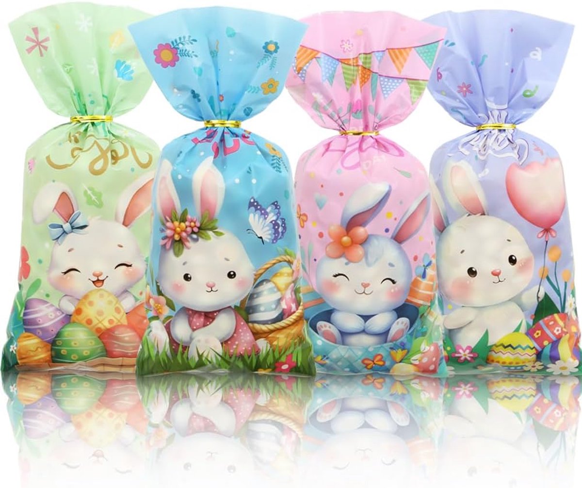 Snoepzakjes Pasen 50 stuks - 4 ontwerpen - met gouden twistbanden - perfect voor paasfeest - ShopVlot