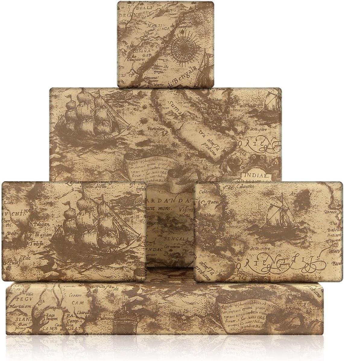 Cadeaupapier vintage-stijl 50 x 70 cm - antiek kraftpapier - zeilboot & wereldkaart - voor unieke cadeauverpakking - ShopVlot