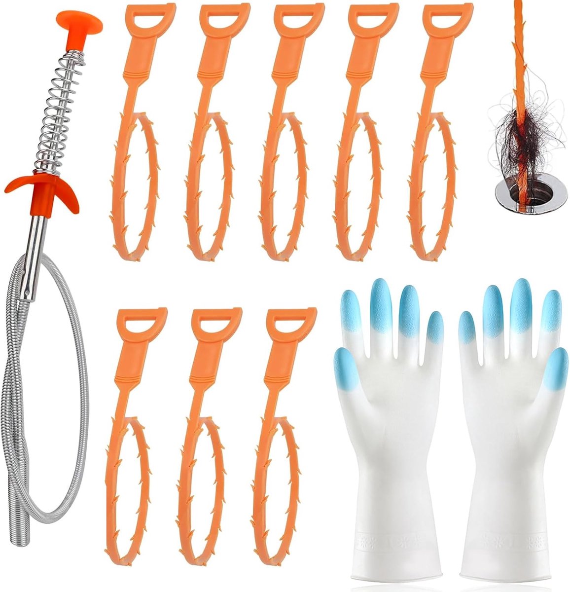 Afvoerreiniger set - 8 plastic haarverwijderaars - roestvrijstalen reinigingsstaaf - voor dunne leidingen - ShopVlot