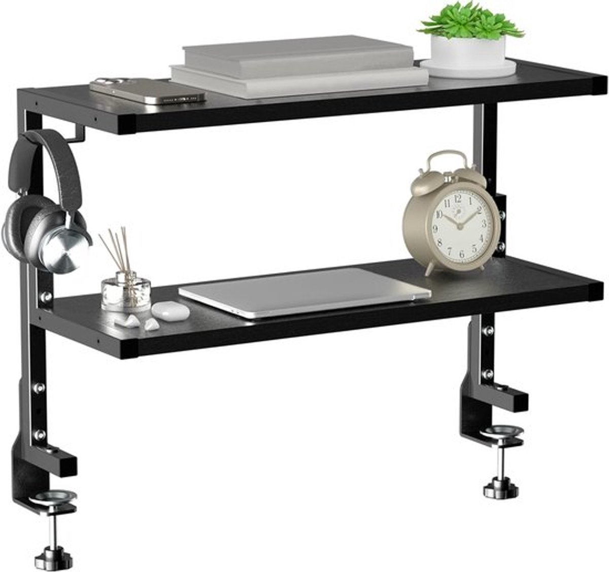 SnelShoppen - Clamp-on Desk Organiser 61 cm - 2 Niveaus, DIY Onder Desk Rack voor Gaming Apparatuur, Bureau Accessoires en Meer - Zwart