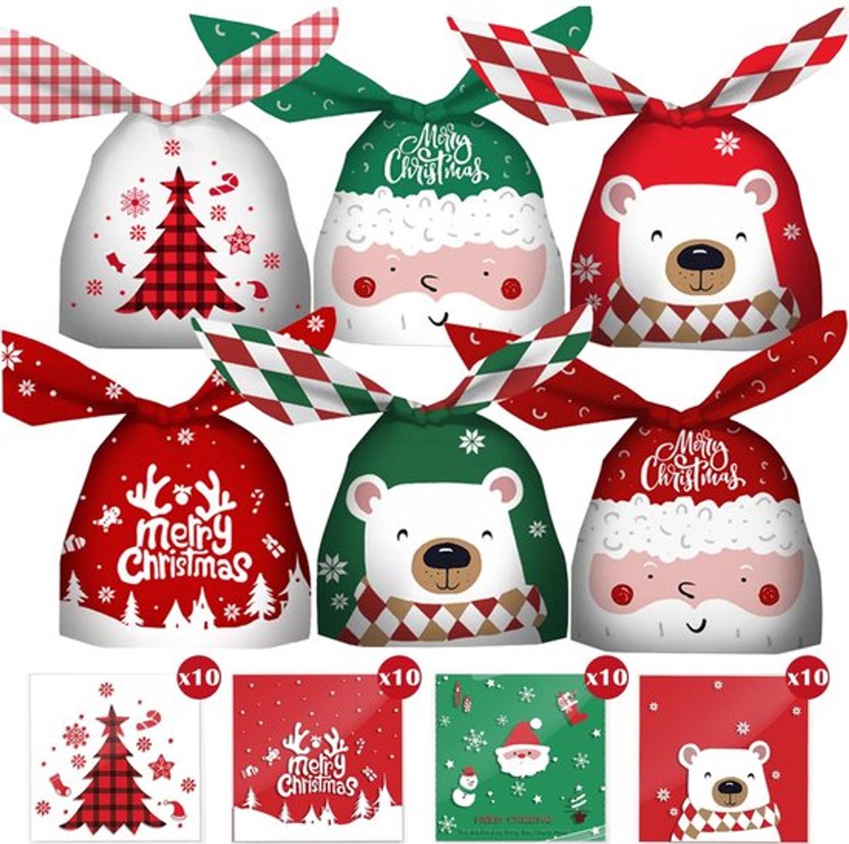 Geschenkzakjes 60 stuks - Kerstcadeauzakjes - Snoepzakjes - Plastic zakjes - Konijnenoorvorm - 6 verschillende patronen - Cadeauzakjes