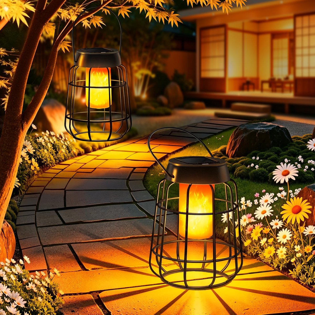 SnelShoppen - 2 stuks solarlantaarns met echt vlameffect, IP65 waterdichte lampen op zonne-energie voor tuin, balkon, terras en binnenplaats, met auto