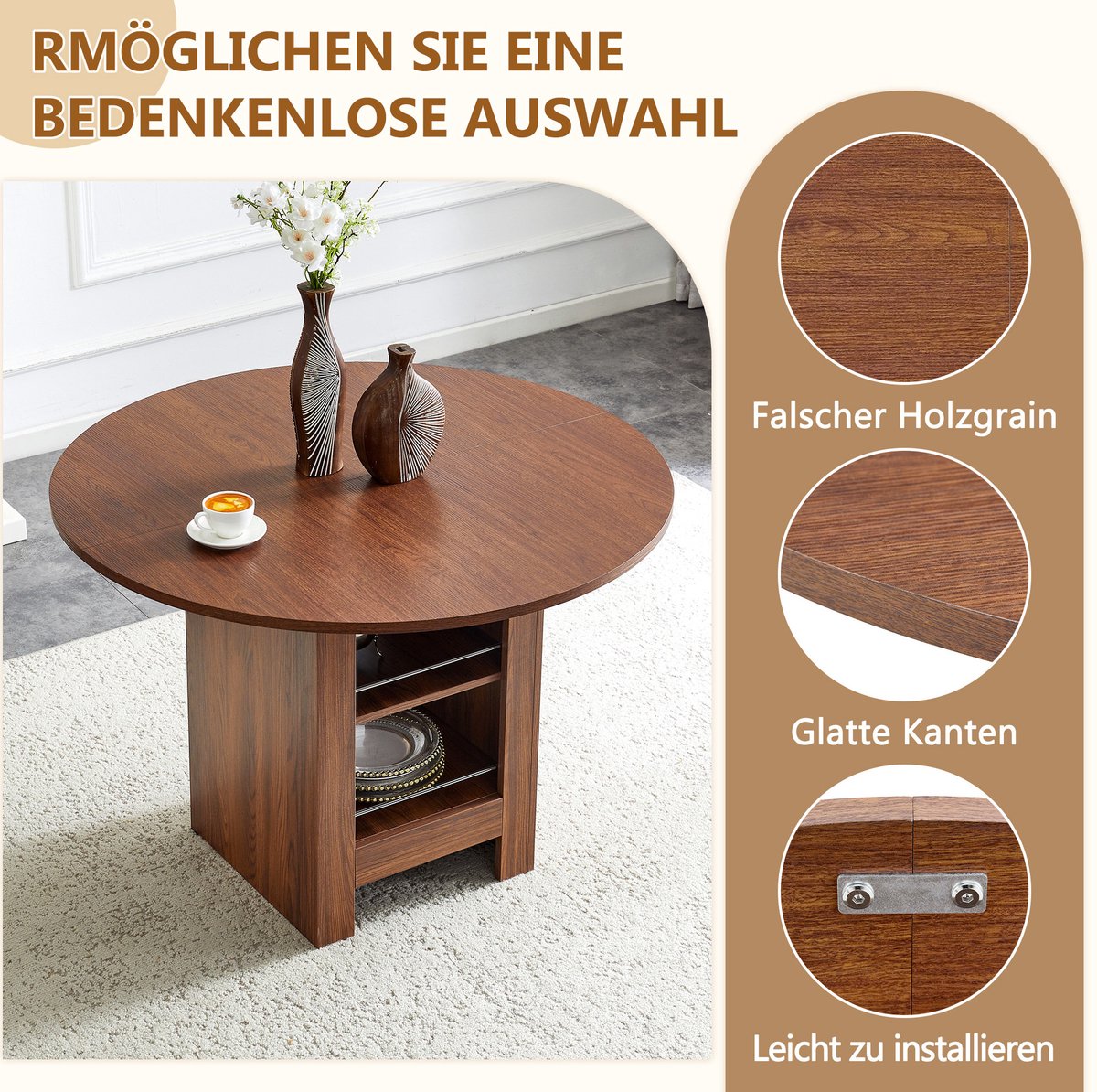 COVREO Eettafel 100 cm walnoot, MDF met open opbergvakken voor 4-6 personen