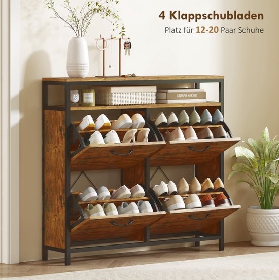 OKWISH Schoenenkast Met 4 Klapdeuren - Smal Industrieel Ontwerp Met Open Vak - Rustiek Bruin Hout En Zwart Staal - 98 X 24 X 95 Cm van okwish — afbeelding 5