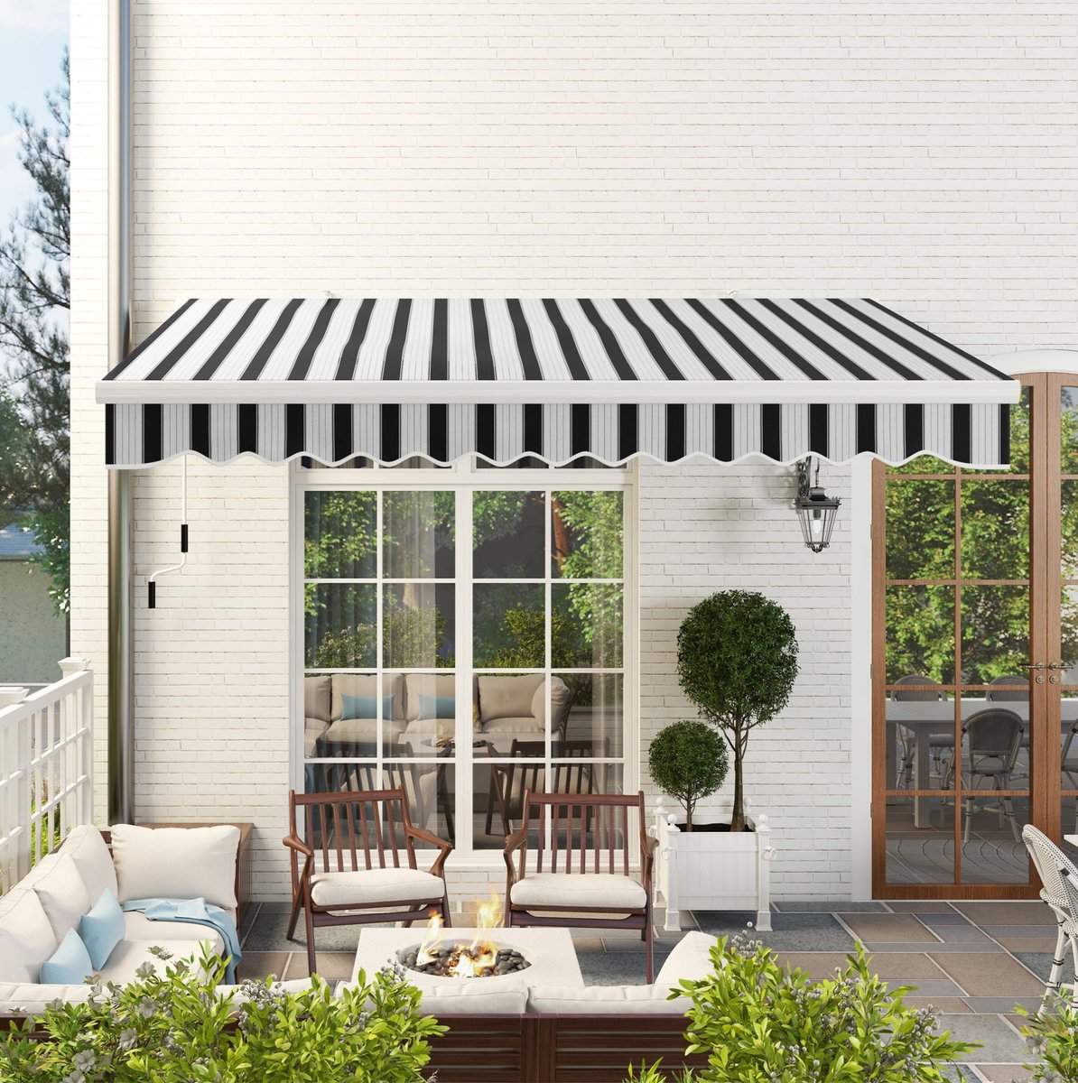 DESMIU Balkonmarkise – 395 x 245 cm – Handbediend Met Zwengelmechanisme – Aluminium Polyester – Wit Blauw – Zonwering Voor Balkon En Terras