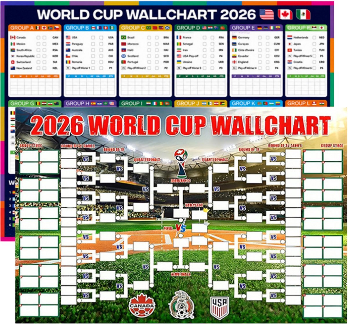 Casalora WK 2026 World Cup Invulposter Set – 2 Voetbal Speelschema Posters met 48 Teams – 90 x 60 cm