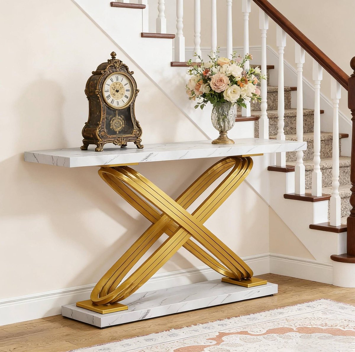 DESMIU Sidetable - Konsolentafel Met Wit Marmerlook Blad En Gouden X Metalen Onderstel - Voor Hal En Woonkamer - 140 X 35 X 80 Cm